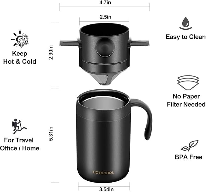 Portable Pour Over Coffee Maker Set, 304 Stainless Steel Vacuum Insulated Mug - Image 2