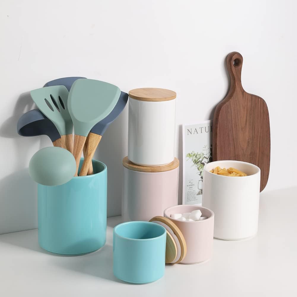 Sweejar Ceramic Kitchen Canister Sets, Porcelain Container for Countertop, Heavy Food Storage Jars with Airthight Seal Bamboo Lid, Servering for Sugar, Coffee Beans, Tea Leaves, Pack of 4（White）