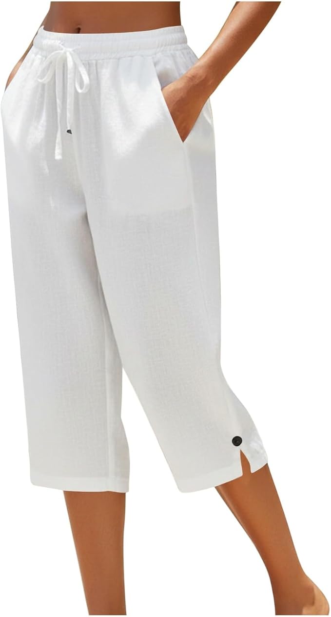 Straight Leg Capri Linen Pants for Women Elastic Waist Drawstring Pant Summer by Unknown