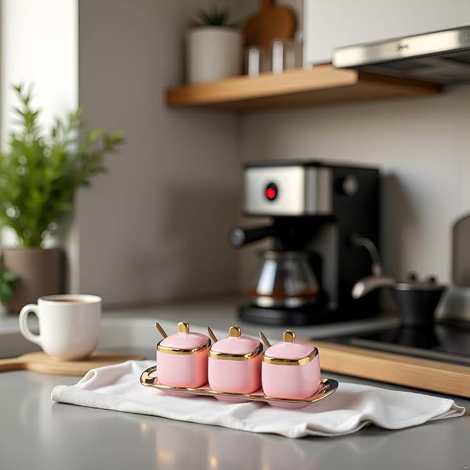 Pink Sugar Bowl with Lid and Spoon, Ceramic Condiment Jars Spice Container with - Image 3