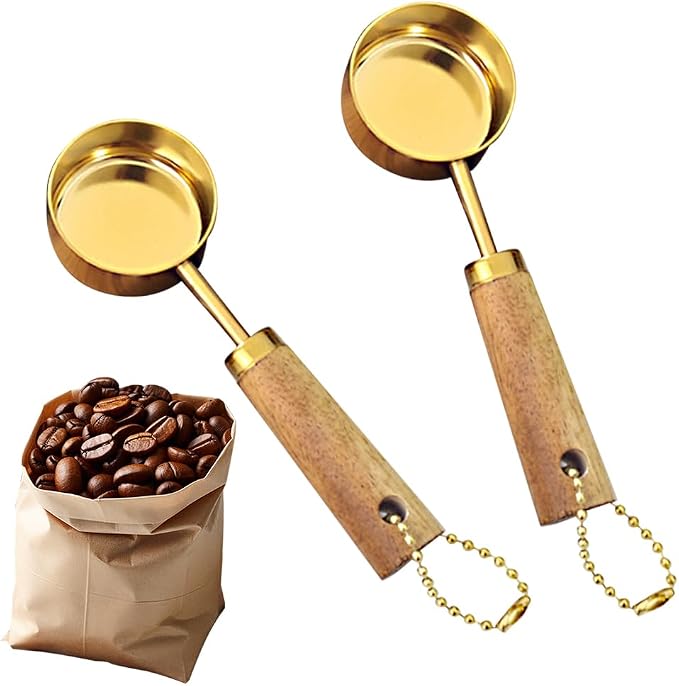 Supvox® 2pcs Coffee Bean Scoops 15ml Wooden Handle Stainless Steel Coffee Bean by Supvox