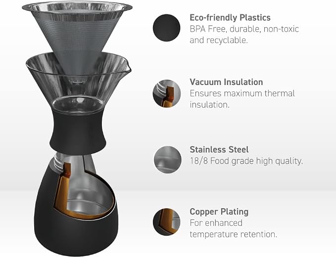 asobu Black Insulated Pour Over Coffee Maker Double-Wall Vacuum, - Image 5