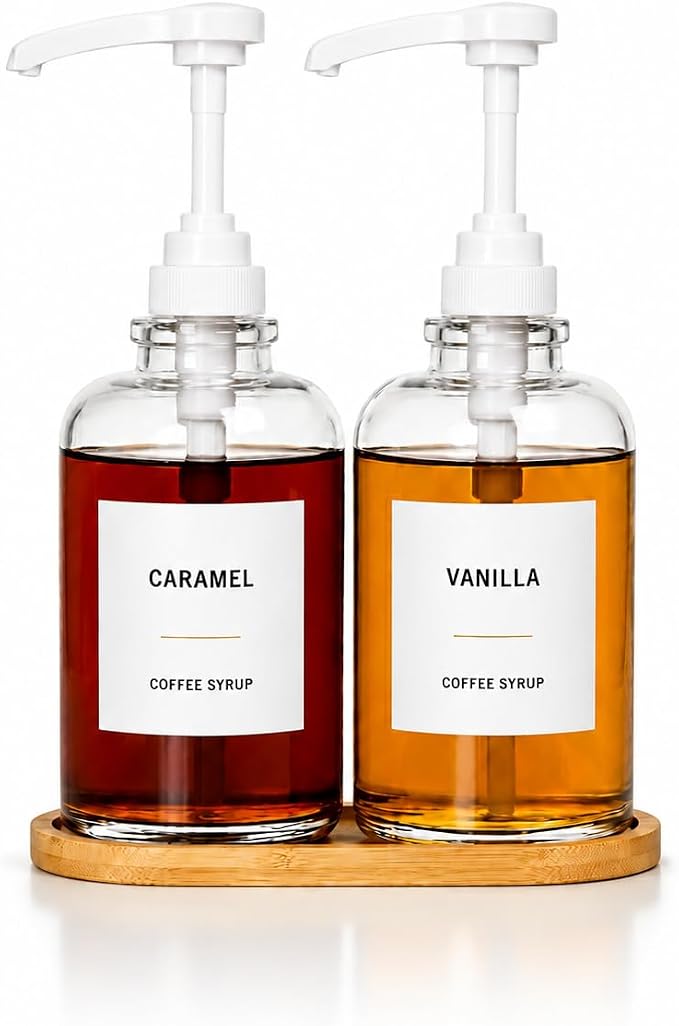 Coffee Syrup Dispenser for Coffee Bar, Glass Syrup Bottle by SimplifySpaceSavorLife