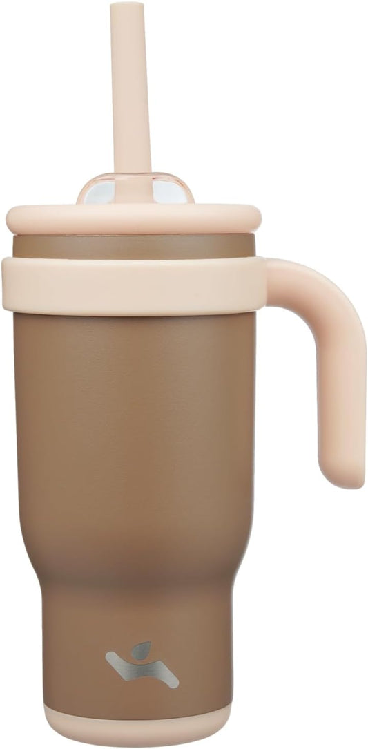 18 oz Tumbler with Side Handle, Insulated Water Bottle with Straw and 2 in 1 Lid, Stainless Steel Cup Travel Coffee Mug for Sports Office Gym,Brown