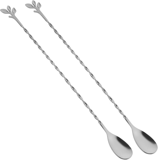 AnSaw Silver 12-Inch Stainless Steel Cocktail Spoon with Leaf Handle - Perfect for Mixing & Layering Drinks in Tall Cups, Bar & Shakers - Durable Long Handle Bar Stirrer,2-Pieces