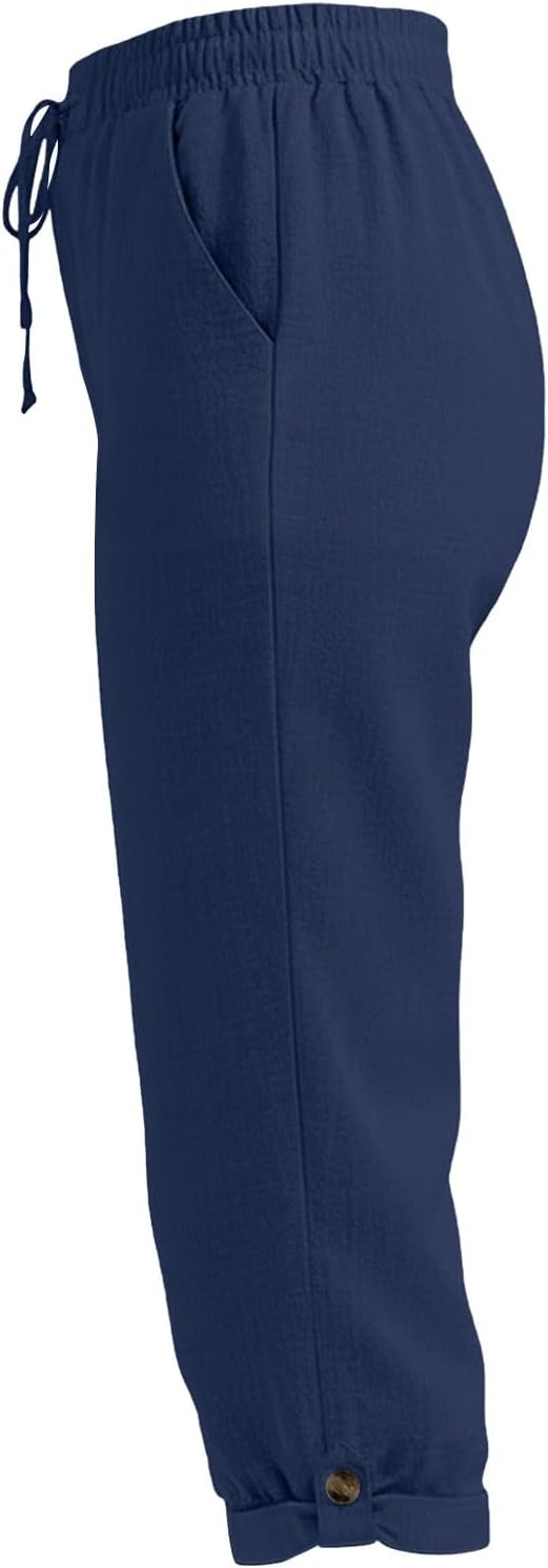 Drawstring Capri Linen Pants Women Elastic Waist Straight Leg Pant Summer Beach - Image 5