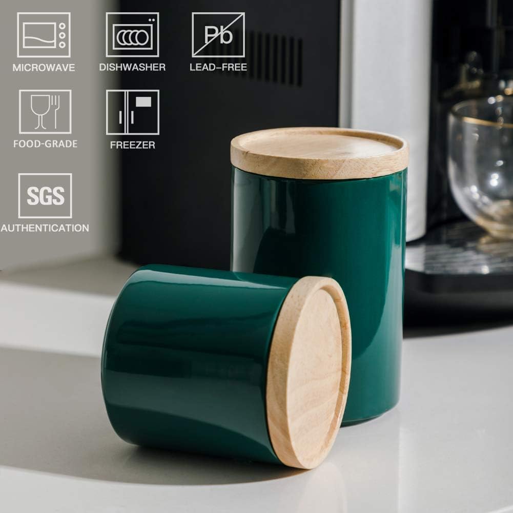 Sweejar Kitchen Canisters Ceramic Food Storage Jar, Stackable Containers with Airtight Seal Wooden Lid for Serving Ground Coffee, Tea, Sugar, Salt and More - 16 Fl Oz (Jade)