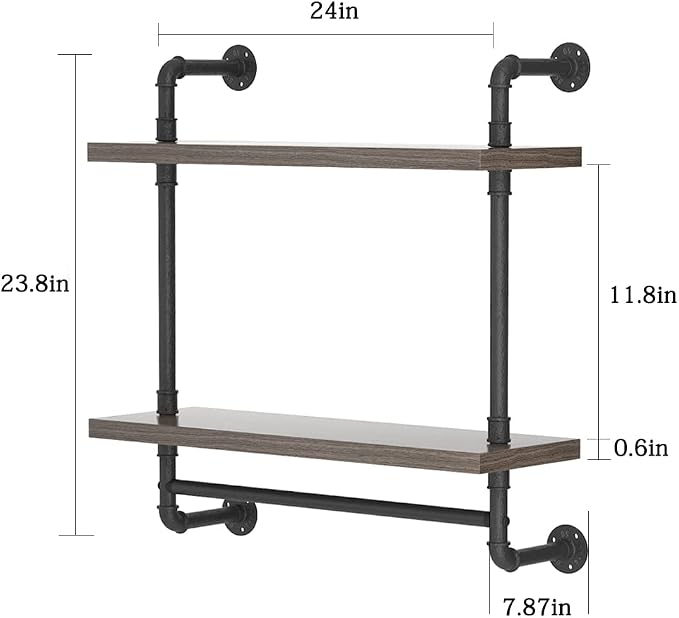 Helsin 2 Tier Wood Floating Shelves Towel Rack, Industrial Pipe Bathroom - Image 3