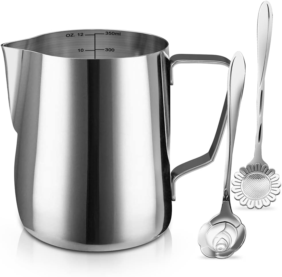 Milk Frothing Pitcher Cup, 12oz/350ML Milk Frother Cup Stainless Steel Steaming Pitcher Milk Jug Coffee Latte Art Cappuccino Espresso Machine Accessories Barista Steam Pitchers Attached Dessert Spoons