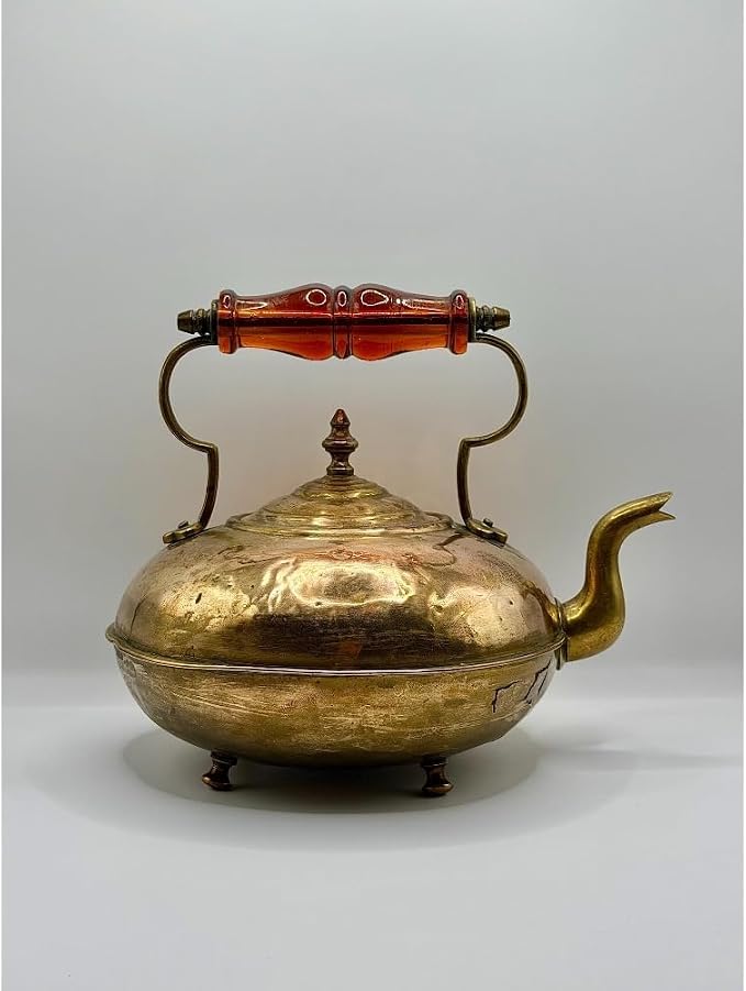 Antique Brass Toddy Kettle, Amber Handle, Footed Copper Tea Kettle, Teapot - Image 5