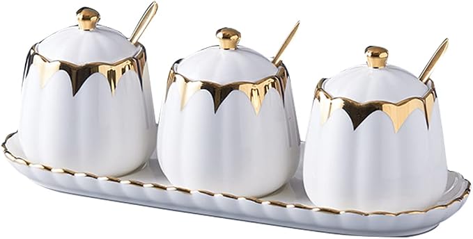 Sugar Bowl with Lid and Spoon, Ceramic Condiment Container with Tray, Sugar and by Fvstar