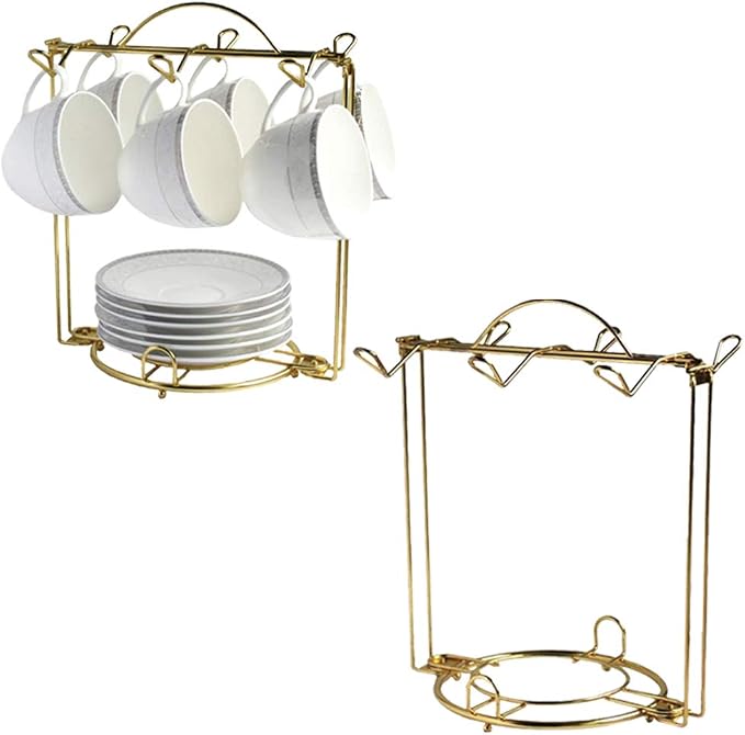 HOHIYA Gold Tea Cup and Saucer Stand 2 Pack Metal Teacup Holder Rack by HOHIYA