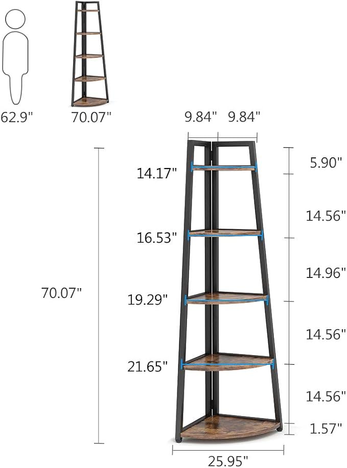 Tribesigns 70 inch Tall Corner Shelf, 5 Tier Rustic Corner Bookshelf Bookcase - Image 2