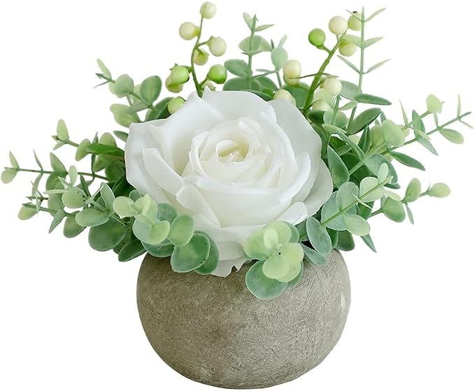 Small Artificial White Rose Potted Plant, Mini Faux Floral Arrangement by RosscerArtificialFlowers