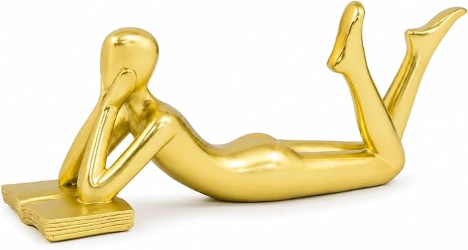 Gold Reading Statue Style B, Abstract Reader Figurine, Resin Book Decor by LINZHEN