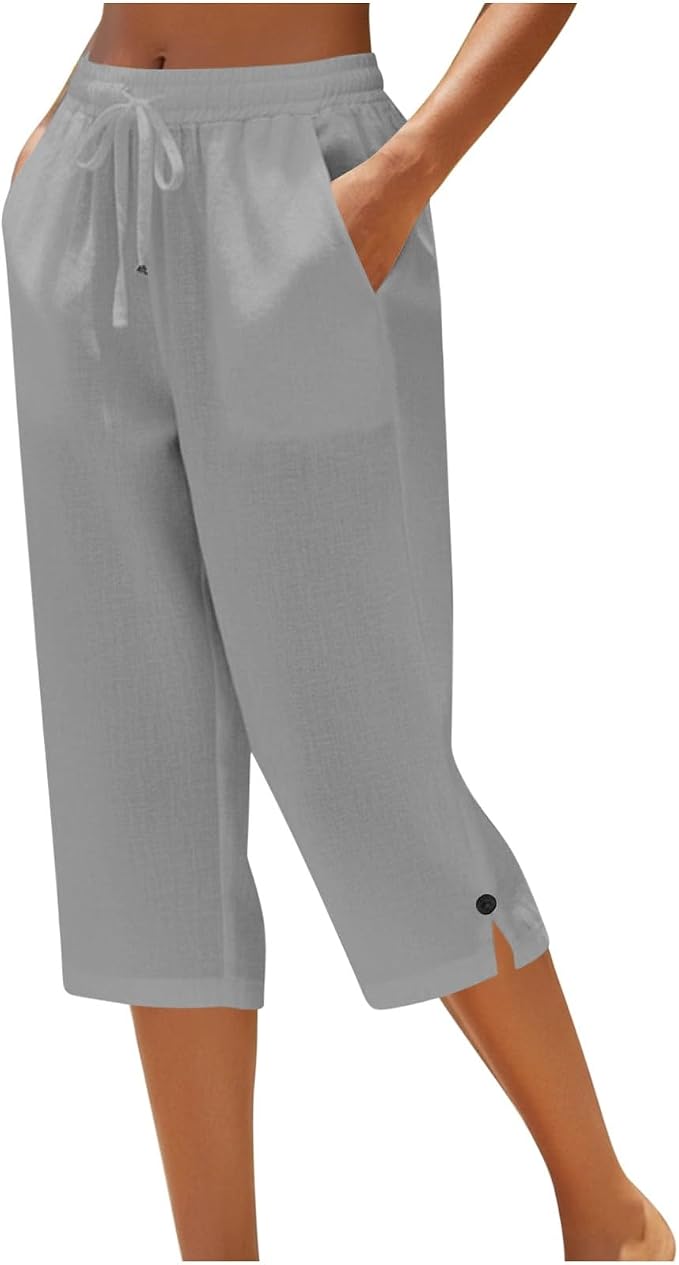 Straight Leg Capri Linen Pants for Women Elastic Waist Drawstring Pant Summer by Unknown