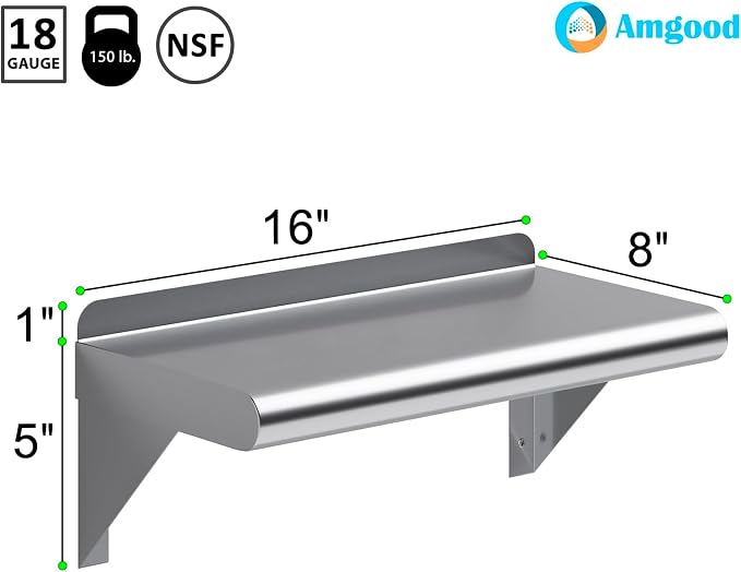AmGood 16" Long X 8" Deep Stainless Steel Wall Shelf | NSF Certified | - Image 3