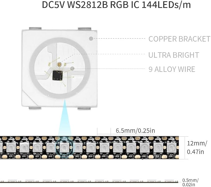 WS2812B IC RGB 5050SMD ECO Individual Addressable LED Strip Light, 3.2FT - Image 2