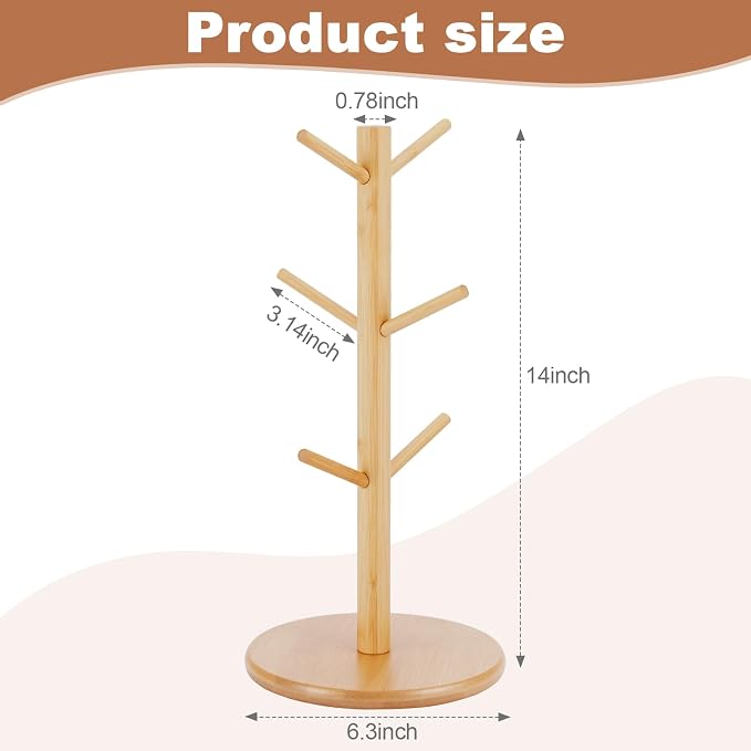 Bamboo Mug Tree Holder, Upgraded Screw Type 6 Hooks Coffee Mug Holders - Image 6