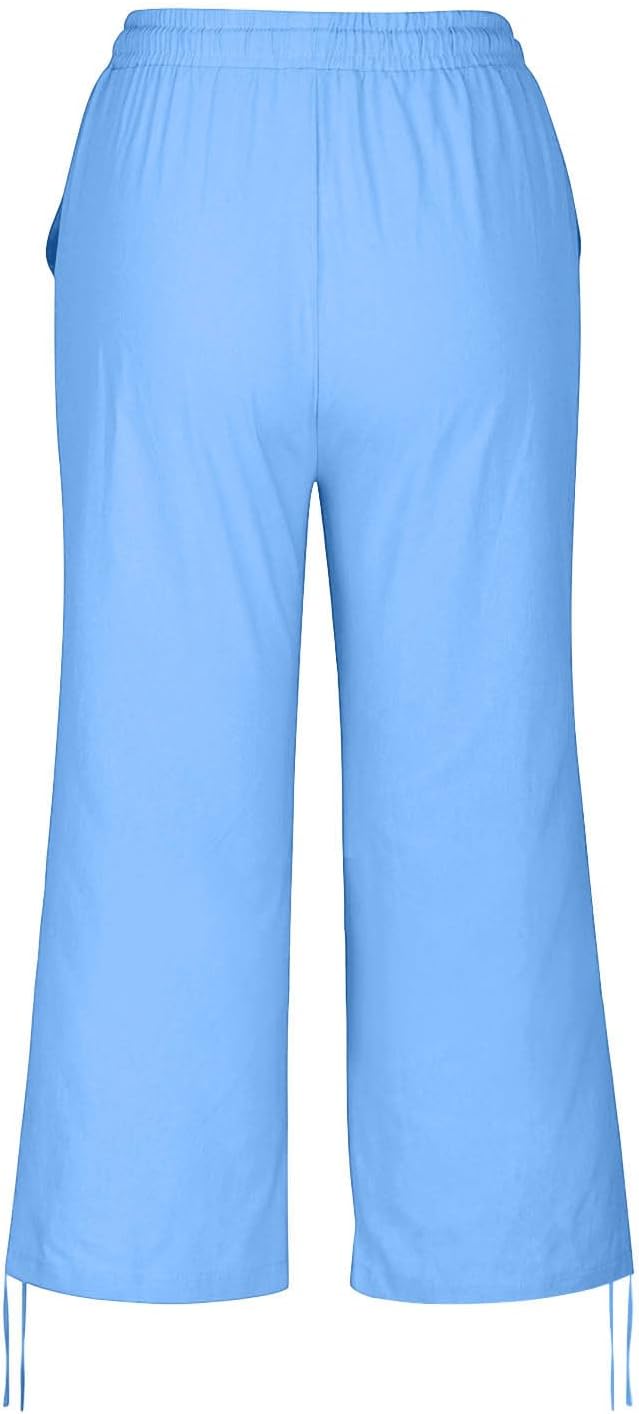 Linen Capri Pants for Women Drawstring Elastic Wide Leg Trouser 2026 Summer - Image 7