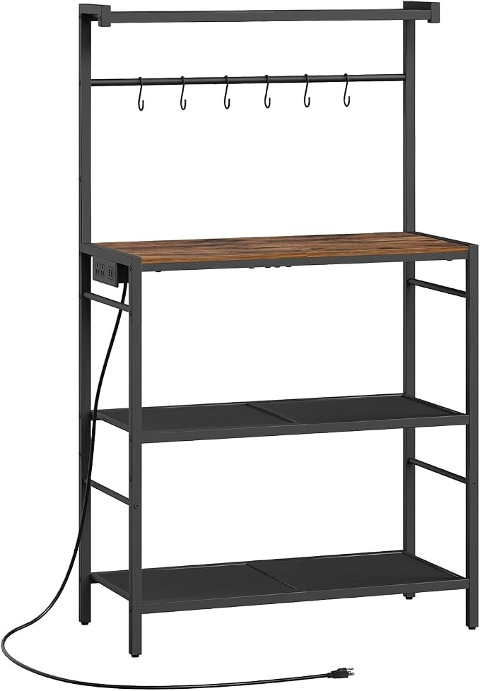 MAHANCRIS Bakers Rack with Power Outlet, Kitchen Storage Shelf with 6 Hooks by MAHANCRIS
