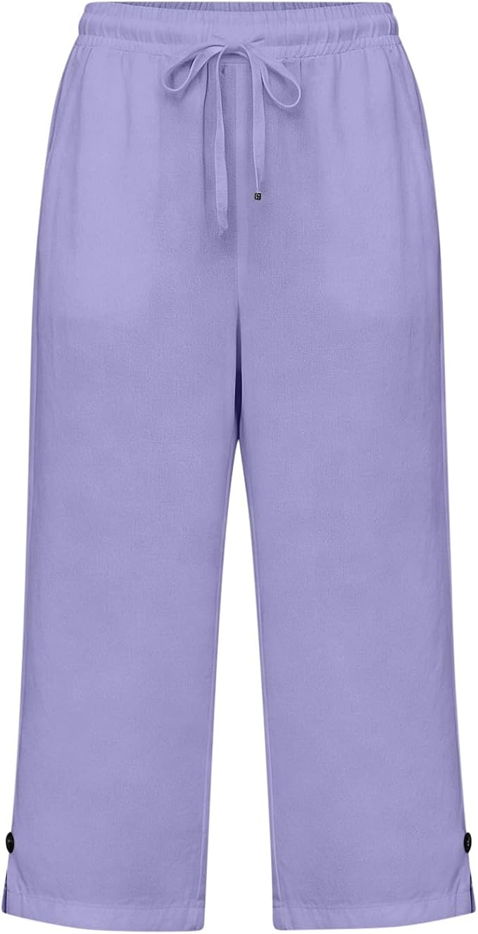 Straight Leg Capri Linen Pants for Women Elastic Waist Drawstring Pant Summer - Image 4