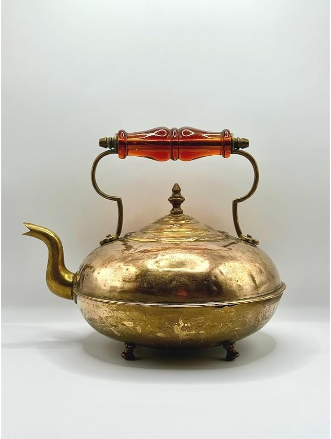 Antique Brass Toddy Kettle, Amber Handle, Footed Copper Tea Kettle, Teapot by Unknown