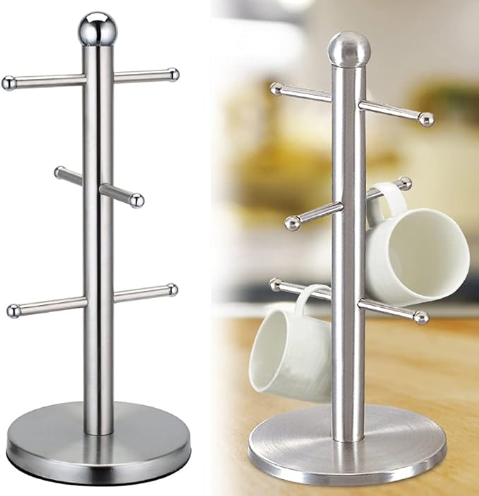 6 Cup Mug Tree Holder Tabletop Coffee Tea Kitchen Storage Rack Silver - Image 2