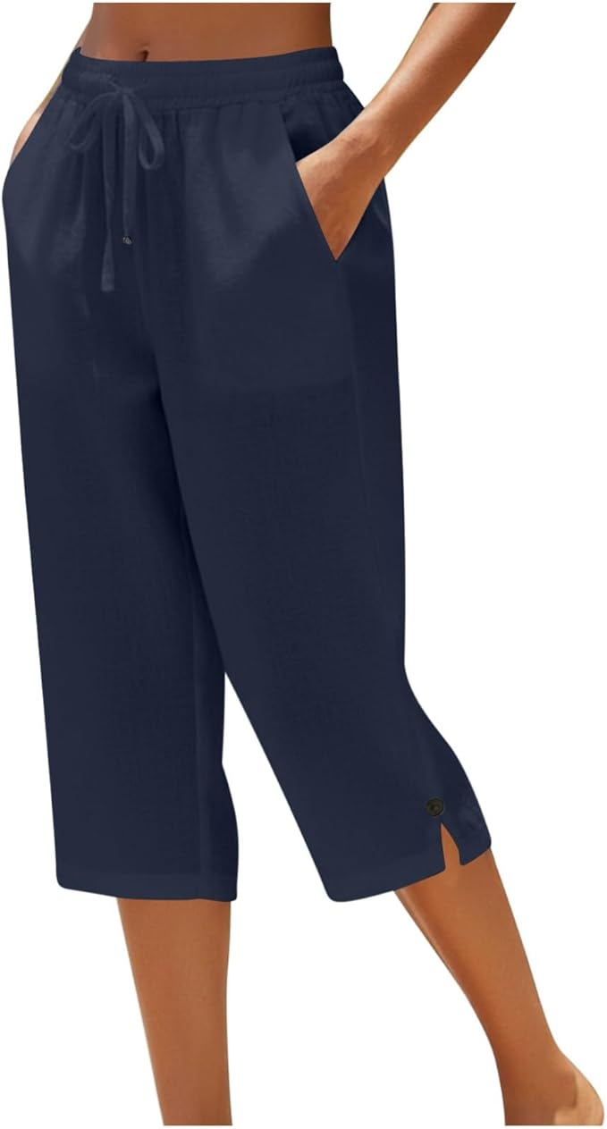 Straight Leg Capri Linen Pants for Women Elastic Waist Drawstring Pant Summer by Unknown