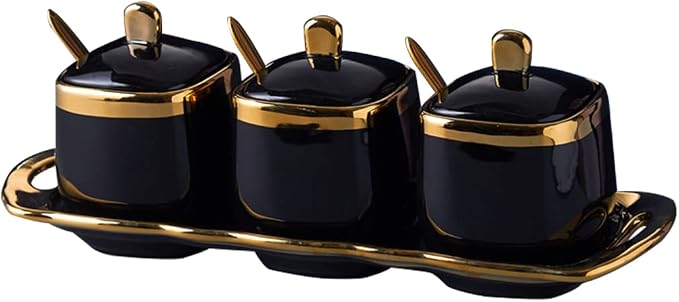 Black Sugar Bowl with Lid and Spoon, Ceramic Condiment Jars Spice Container by Fvstar