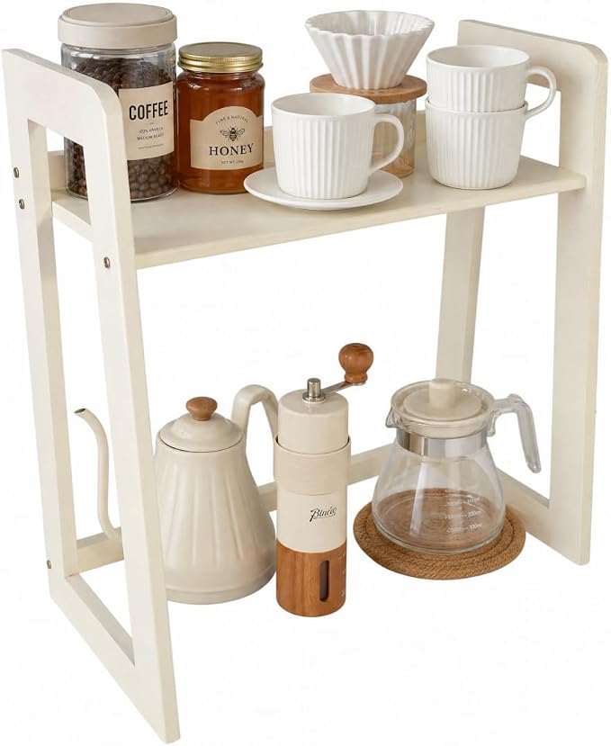 Natural Bamboo Coffee Station Organizer, 2-Tier Wooden Kitchen Counter Shelf by XIKEMADI