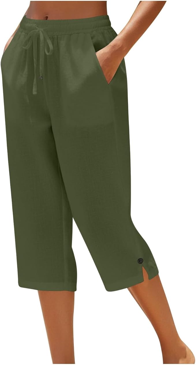 Straight Leg Capri Linen Pants for Women Elastic Waist Drawstring Pant Summer by Unknown