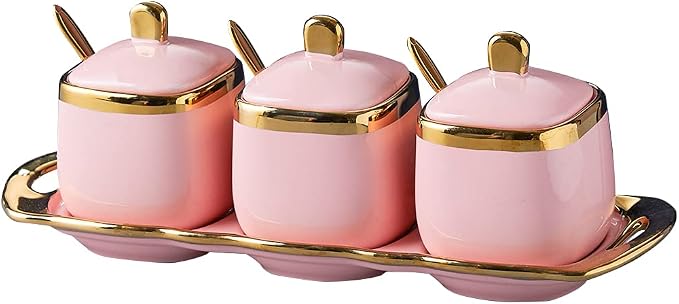 Pink Sugar Bowl with Lid and Spoon, Ceramic Condiment Jars Spice Container with by Fvstar