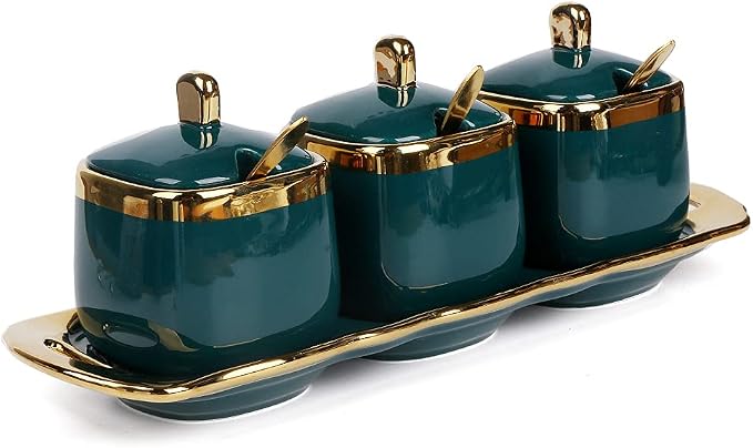 Sugar Bowl with Lid and Spoon, Ceramic Condiment Jars Spice Container with Tray by Fvstar