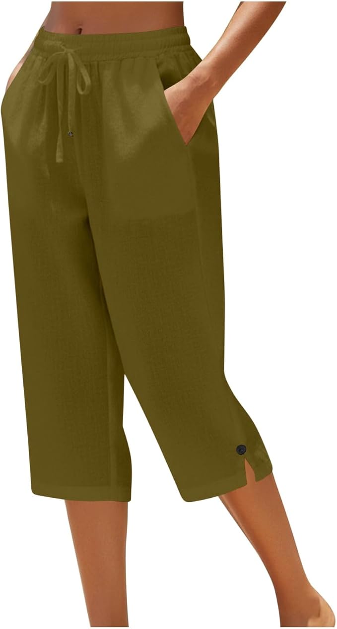 Straight Leg Capri Linen Pants for Women Elastic Waist Drawstring Pant Summer by Unknown