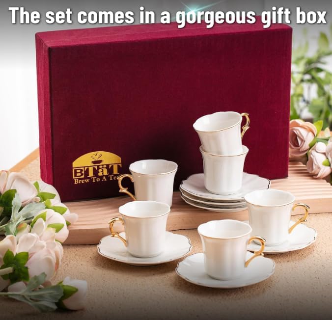BTaT- Turkish Coffee Cup Set, 3 oz, 6 Set, Elegant White Cups & Saucers - Image 5