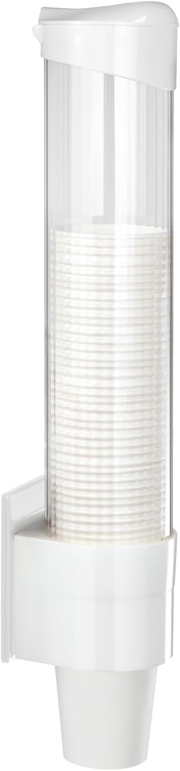 Cup Dispenser Medium Pull Type, Paste or Screw Plate Mountable Cup Holder, Fits 5oz - 7oz Cone or Flat Bottom Cups, 16” Tube Length, Mounting Water Dispenser Cooler or Wall (Medium, White)