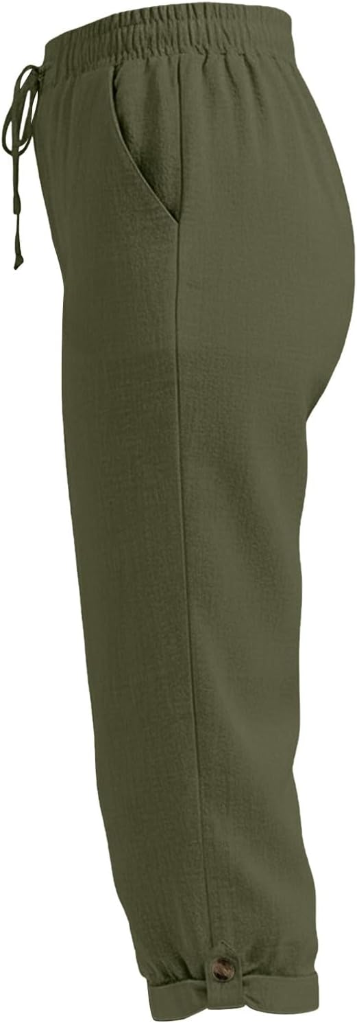 Drawstring Capri Linen Pants Women Elastic Waist Straight Leg Pant Summer Beach - Image 7