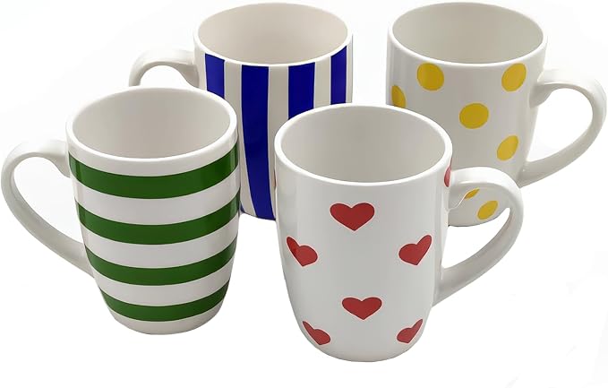 Colorful Porcelain Mug Set of 4 Include Stripes, Polka Dot & Heart Ceramic by Unknown