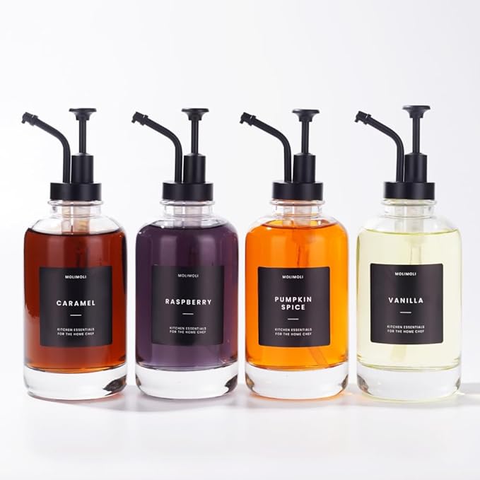 Molimoli Coffee Syrup Dispenser Set of 4, Glass Bottles by MoliMoli