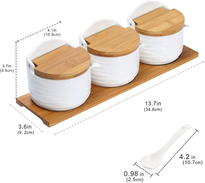 Ceramic Sugar Bowl with Bamboo Lids and Spoons Serving Tray, Porcelain Sugar - Image 2