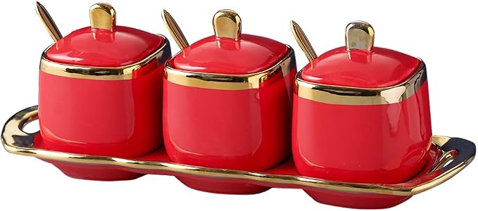 Red Sugar Bowl with Lid and Spoon, Ceramic Condiment Jars Spice Container with by Fvstar