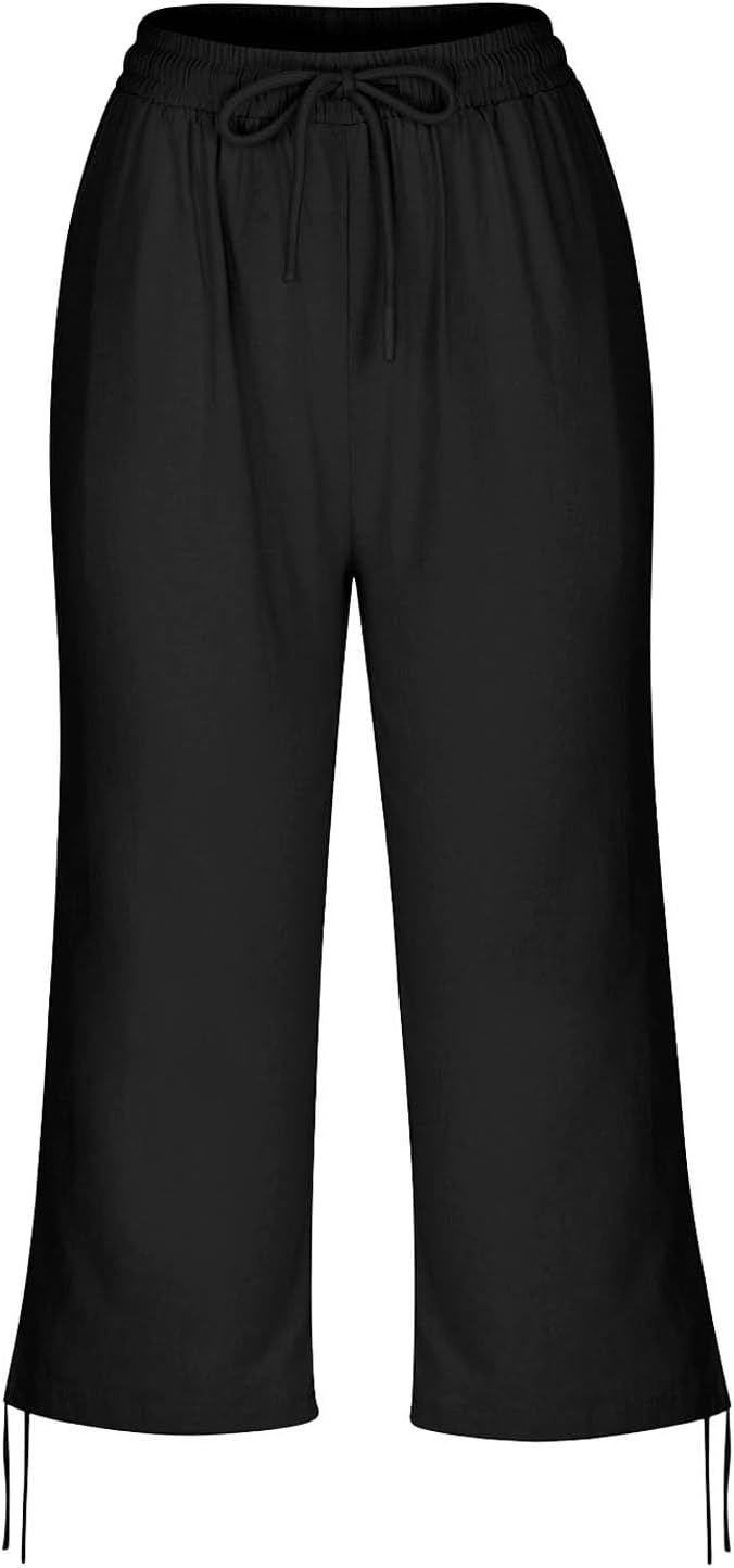 Linen Capri Pants for Women Drawstring Elastic Wide Leg Trouser 2026 Summer - Image 6