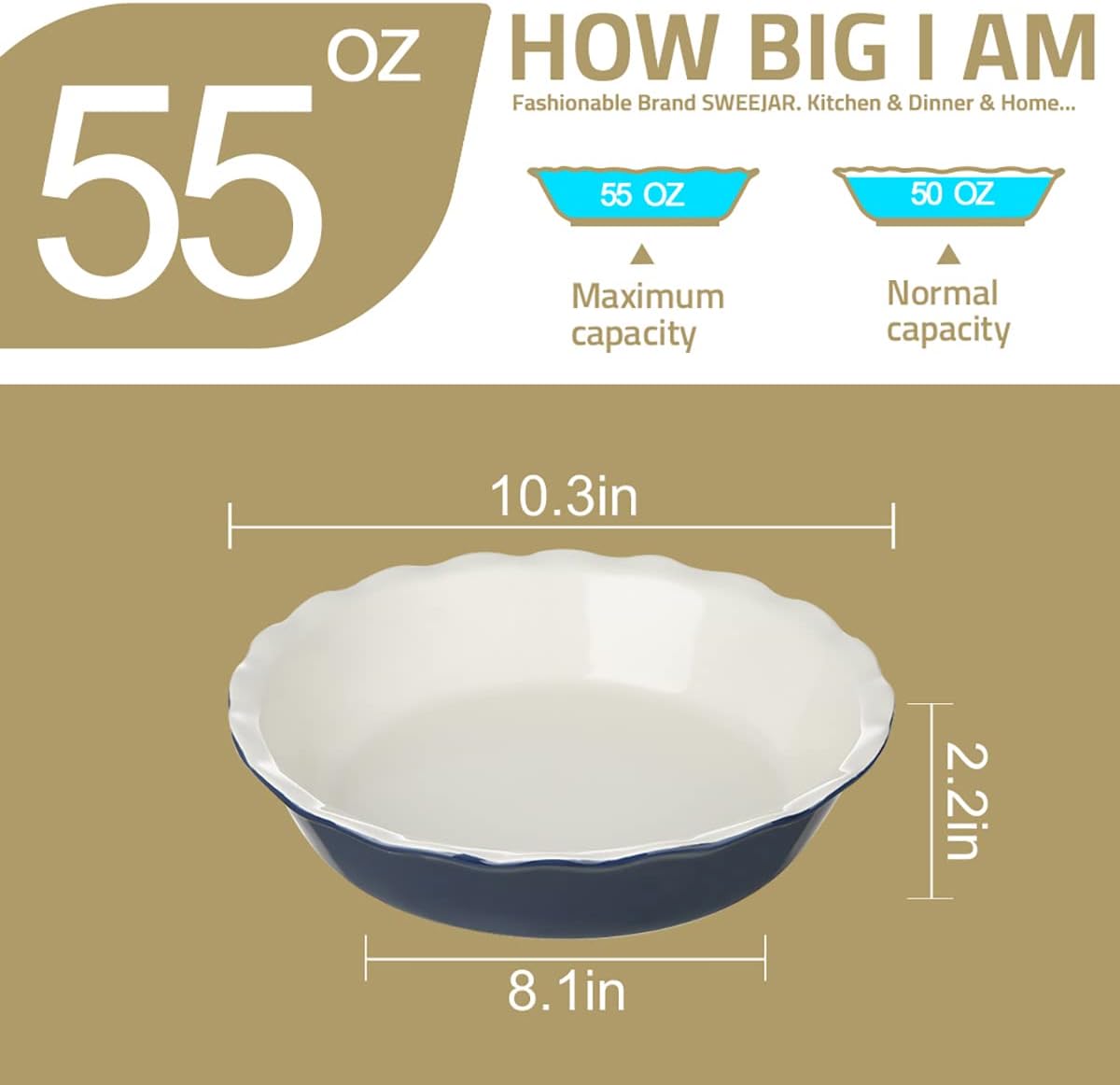 Sweejar Ceramic Pie Pan, 10 Inch Round Baking Dish, Non-Stick with Soft Wave Edge for Apple, Pumpkin, Pot Pies (Blue&Yellow)