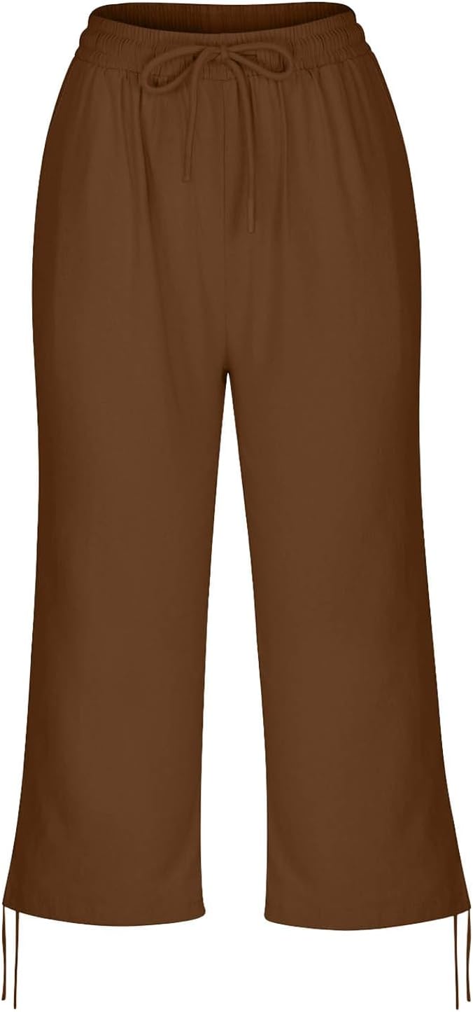 Linen Capri Pants for Women Drawstring Elastic Wide Leg Trouser 2026 Summer - Image 6