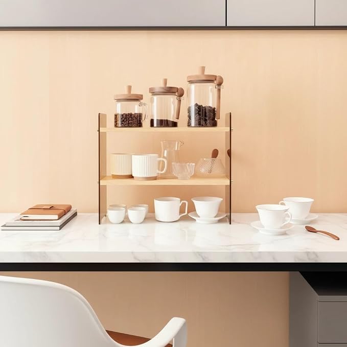 Coffee Station Organizer 2 Tier, Solid Wood Mug Shelffor Coffee Bar, Matcha - Image 3