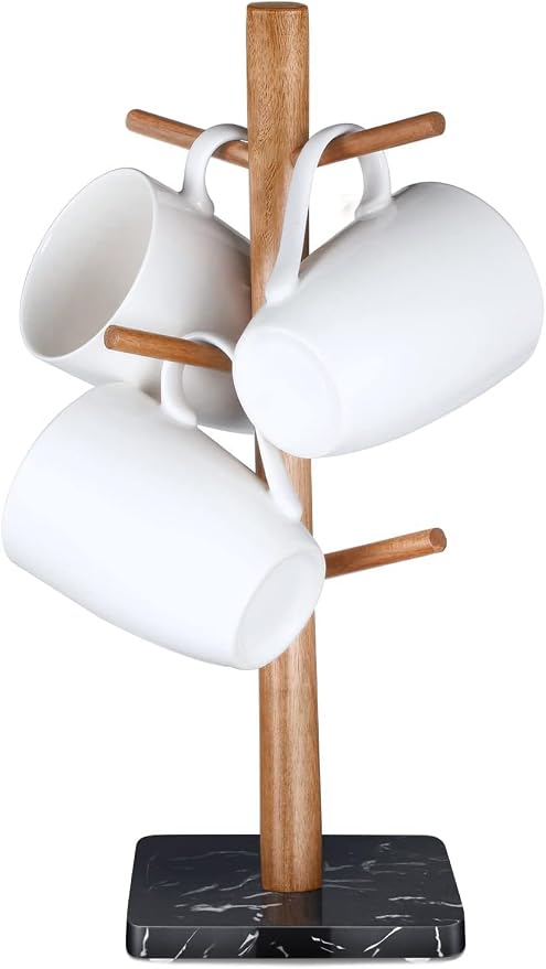Buruis Wood Mug Holder, Marble Base Cup Rack Tree, Kitchen Coffee Mug Tree by KeepYourBathroomKitchenandHomeOrganized