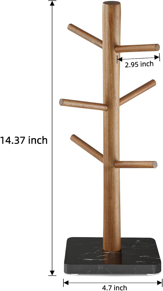 Buruis Wood Mug Holder, Marble Base Cup Rack Tree, Kitchen Coffee Mug Tree - Image 5