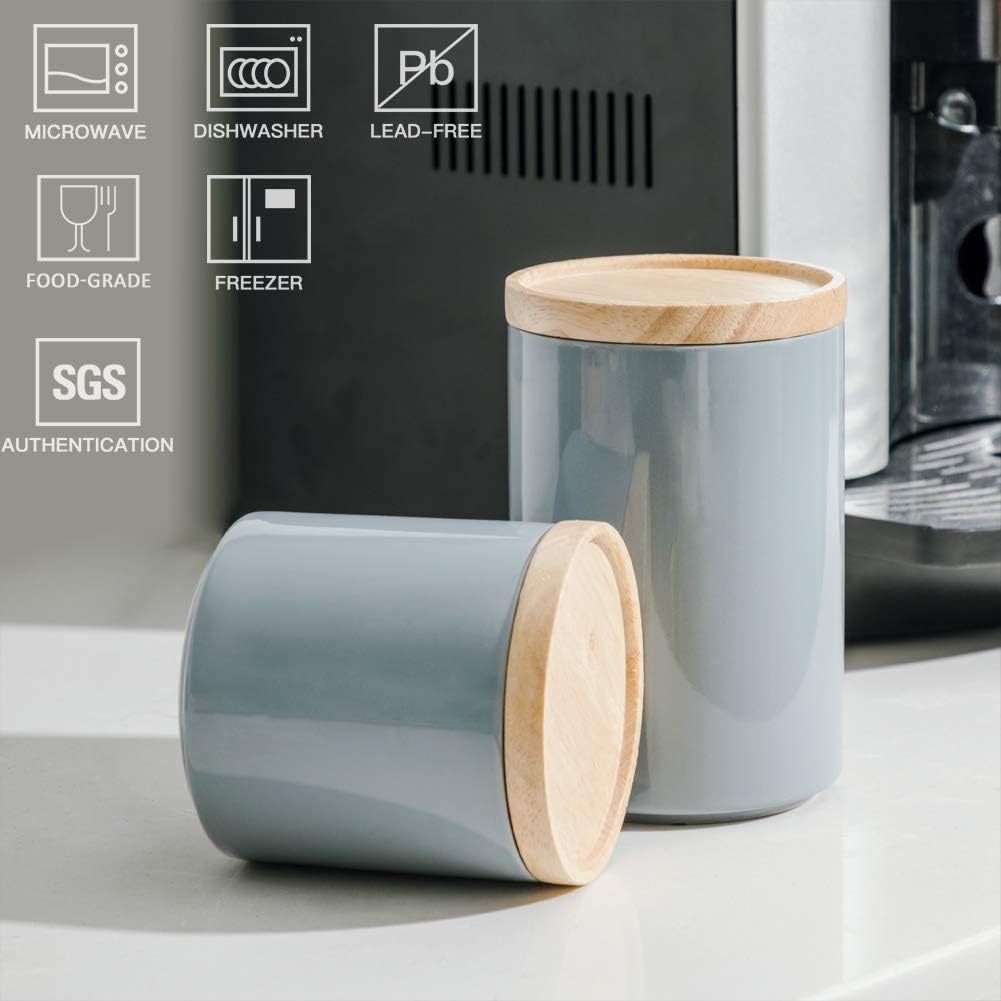 Sweejar Kitchen Canisters Ceramic Food Storage Jar, Stackable Containers with Airtight Seal Wooden Lid for Serving Ground Coffee, Tea, Sugar, Salt and More - 16 Fl Oz (Gray)
