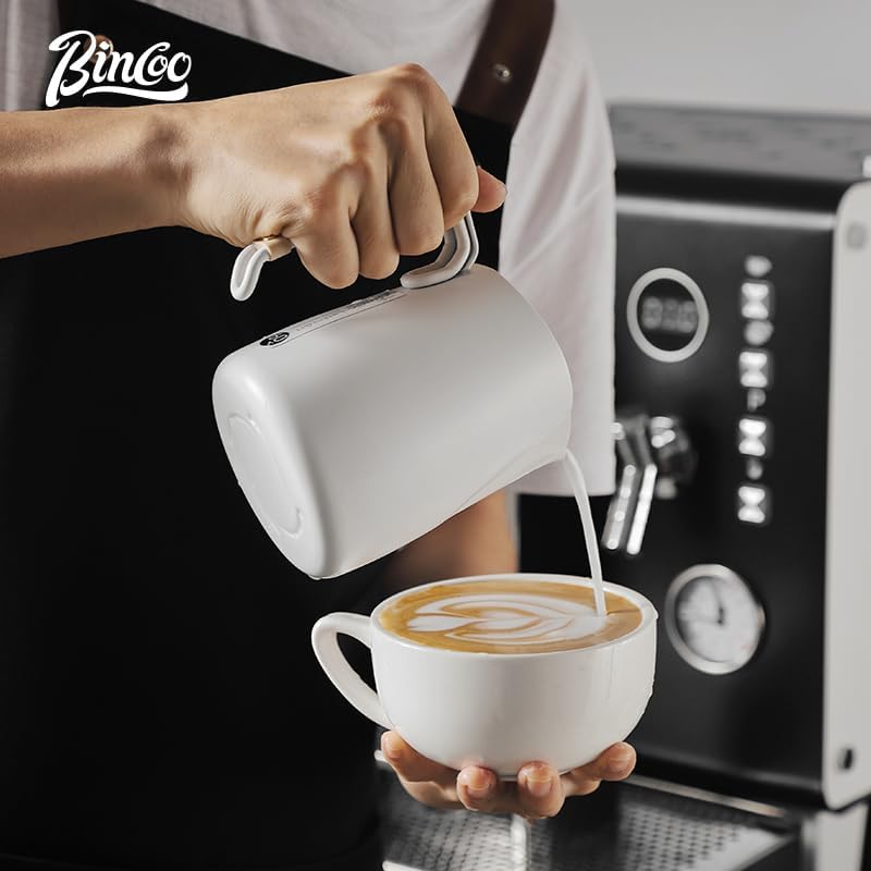 Bincoo Espresso Milk Frothing Pitcher Stainless Steel 20oz/600ML Coffee Milk Frother Cup-Milk Frothing Pitcher with Measurement Lines,Ergonomic Handle for Latte Art & Cappuccino(White)
